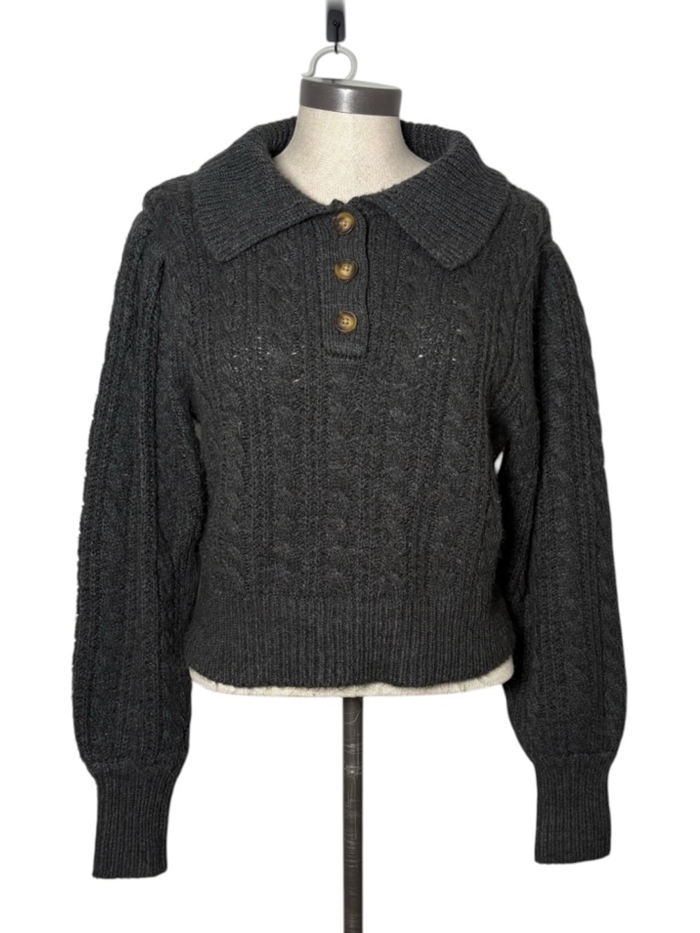 GB Gray Cable Knit Collared Sweater Button Front Cozy Cottagecore XL